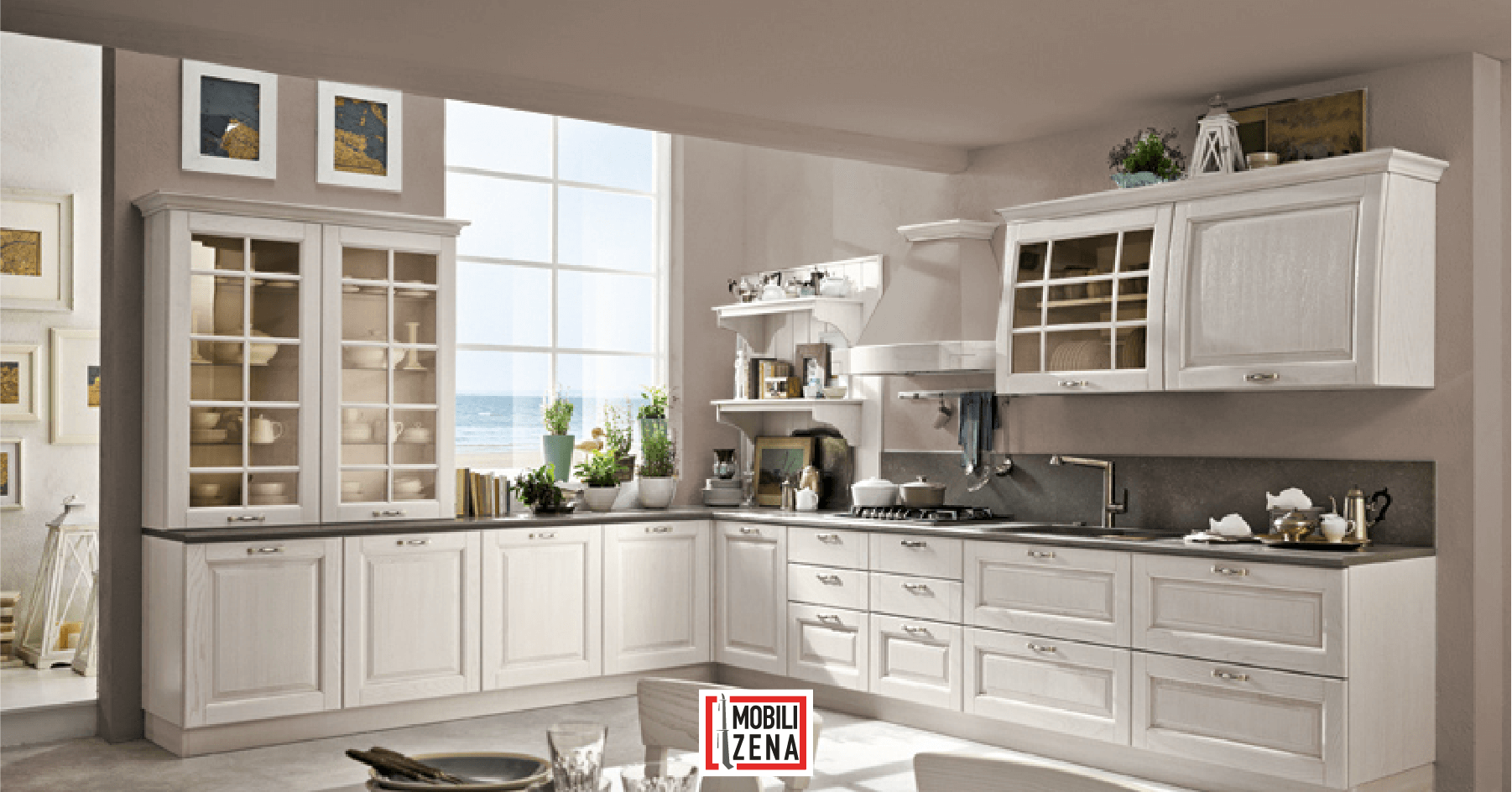 Cucine shabby bianche_Muro colorato tortora