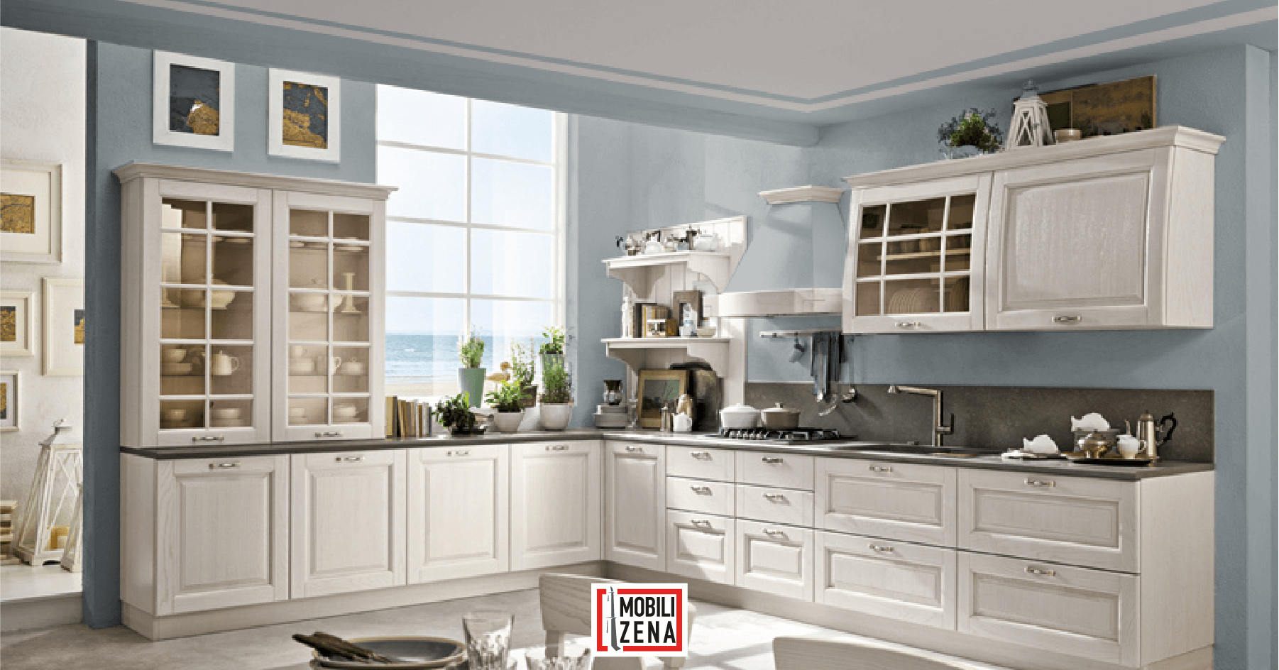 Cucine shabby bianche_muro azzurro