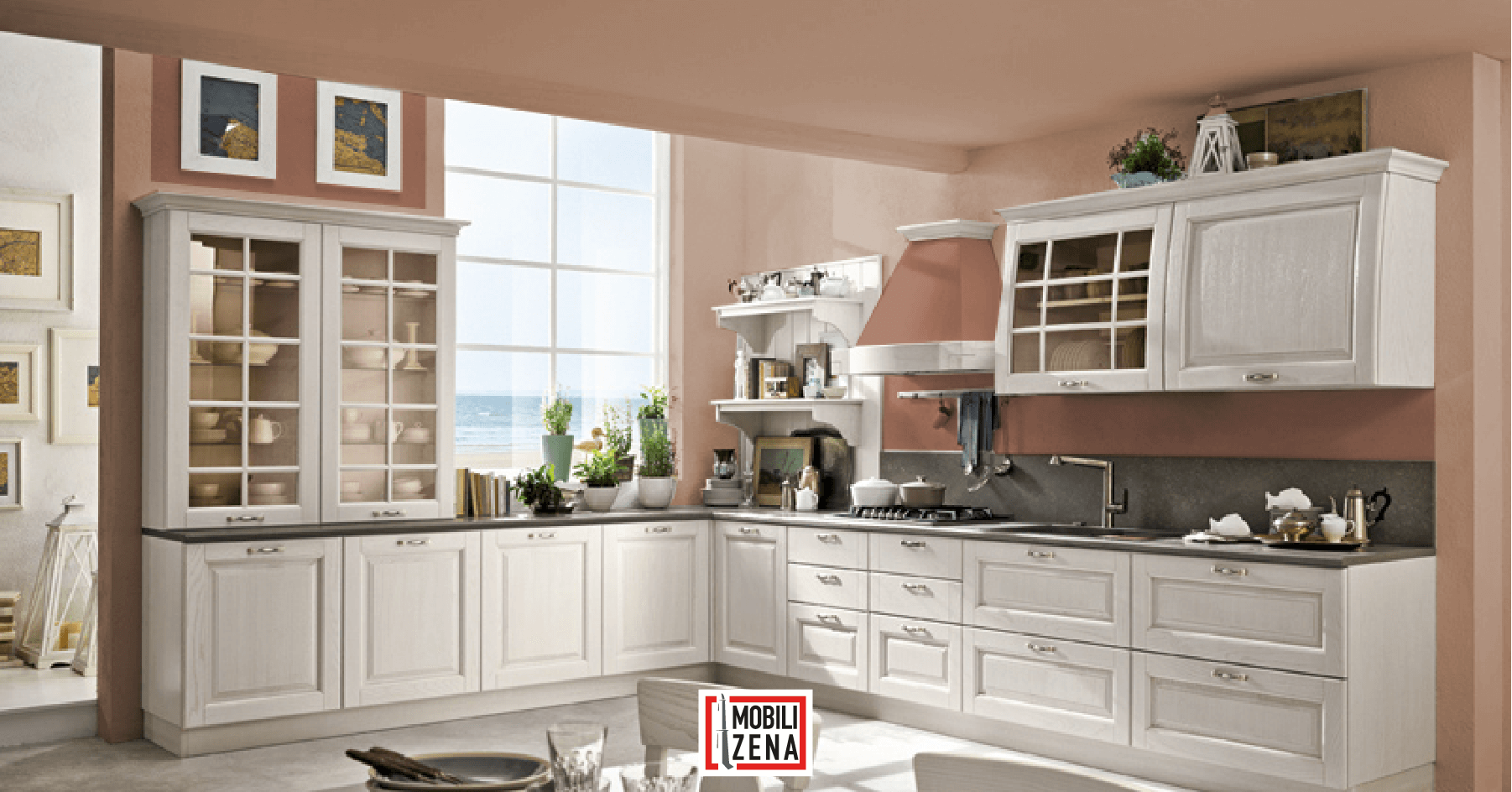 Cucine shabby bianche_muro rosa